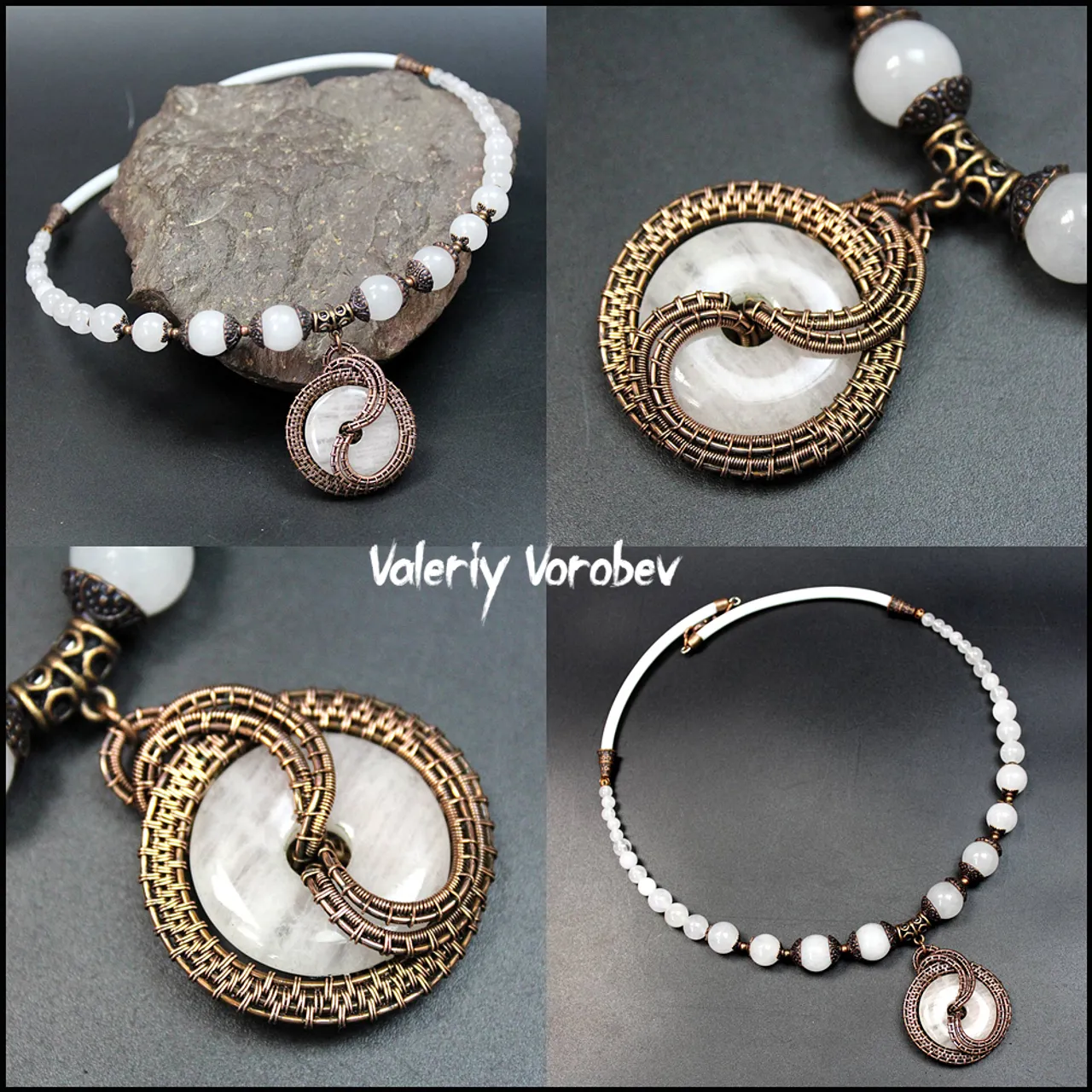 Copper Wire Wrapped Stone Donut Pendant Necklace. Handmade necklace with wire and stone pendant in the shape of a Donut. Natural quartz beads and white silicone tubes are assembled on memory wire. All the hardware is copper colored. The size of the handmade necklace is 50 cm.