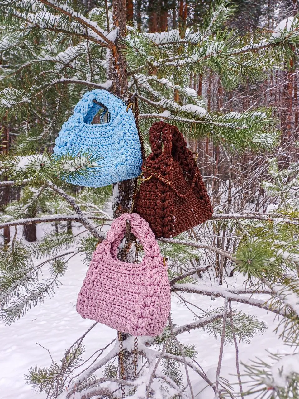 We are unique crocheted handbags....We are not afraid of snow and rain.
