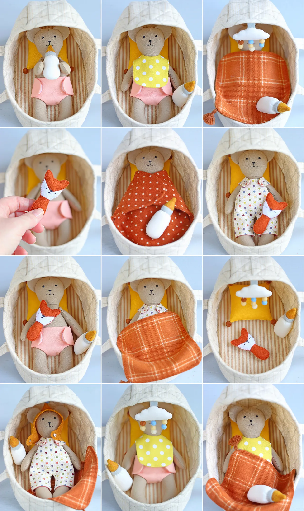 It's so much fun to dress this bear, put it to bed, feed it, or take it along — it fits in a pocket!
Add this tiny bear to your collection of handmade stuffed animals. It has so many adorable accessories, including a cozy hooded sleeping basket, that you're sure to love! The sewing pattern is easy to follow and beginner friendly, with lots of sewing tips and tricks. Clear instructions will guide you through the sewing process from beginning to end and your little one will love their new little friend!