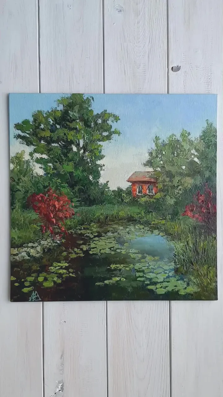 Garden Painting 11,8x11,8” ORIGINAL ART Pond Landscape Hand Painted
#marinachuchkoart