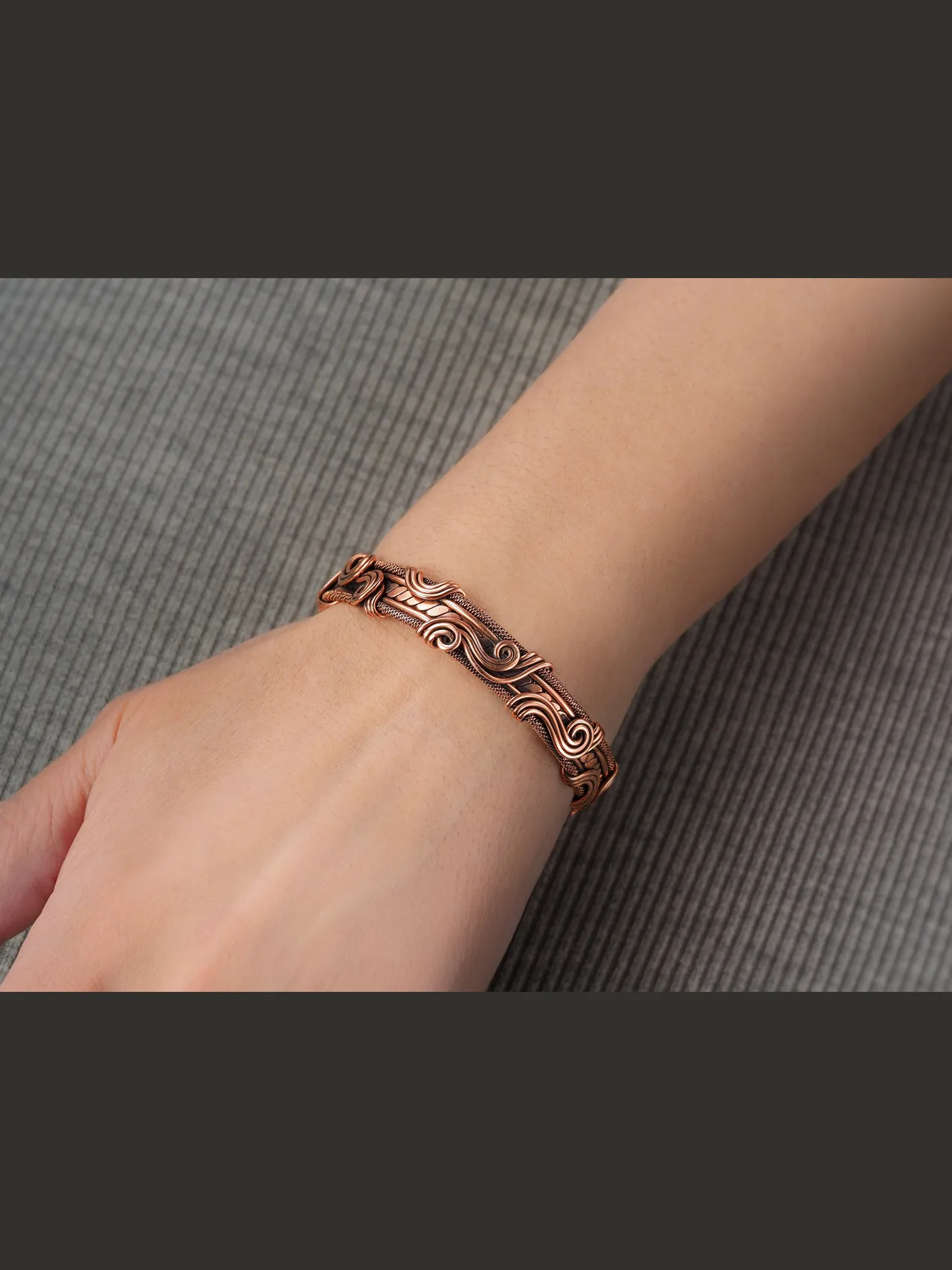 Copper wire wrapped bracelet, Unique 7th 22nd Anniversary gift idea, Art Nouveau antique style, One of kind, Exclusive design, Statement Piece, Genuine copper bracelet, Pure cuprum wire wrap bangle, Hand crafted copper jewelry
❂ The bracelet is made of pure copper wire. The copper is artificially aged with patination, which gives an antique look and makes the details of the bracelet more expressive. After patination, the bracelet was polished to a shine, which gives a beautiful aesthetic appearance to the bracelet. The bracelet is covered with a protective varnish to prevent darkening.
You will receive the exact bracelet you see in the photos.
The bracelet can be combined with any wardrobe and emphasize your uniqueness and style.