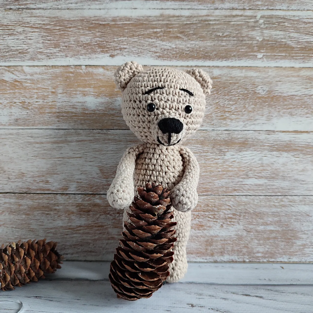 Soft toy bear Simon. Yarn cotton. Size 16cm height, 6cm width