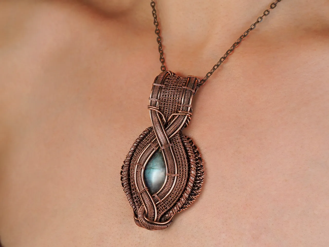 Labradorite pendant for women Wire wrap copper necklace Handmade artisan jewelry