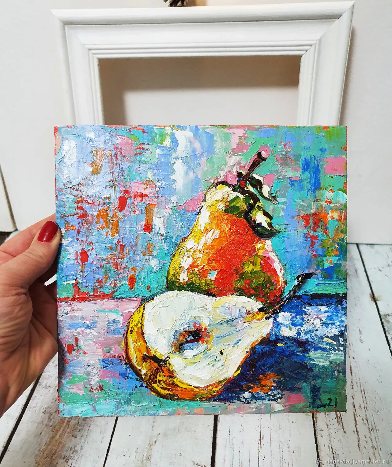 Juicy pears oil painting
Original handmade oil painting
Size:8x8 inches
The "Juicy pears oil painting" is a stunning piece of artwork that showcases the natural beauty of ripe pears. Hand-painted with rich and vibrant colors, this oil painting brings to life the succulent texture and alluring shine of these delicious fruits.