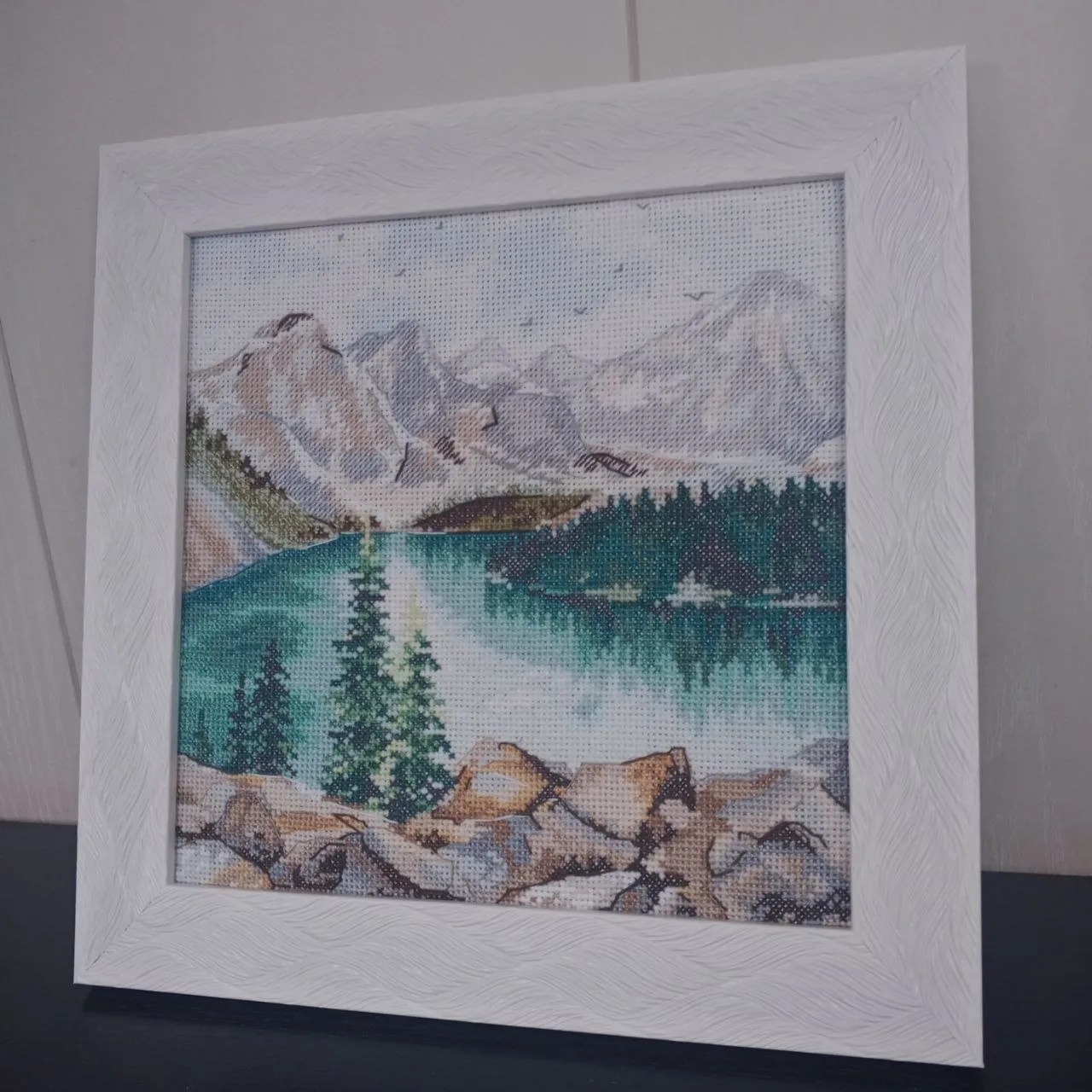 Handmade Moraine Lake painting, Canadian landscape wall art, for home decor, finished cross stitch
