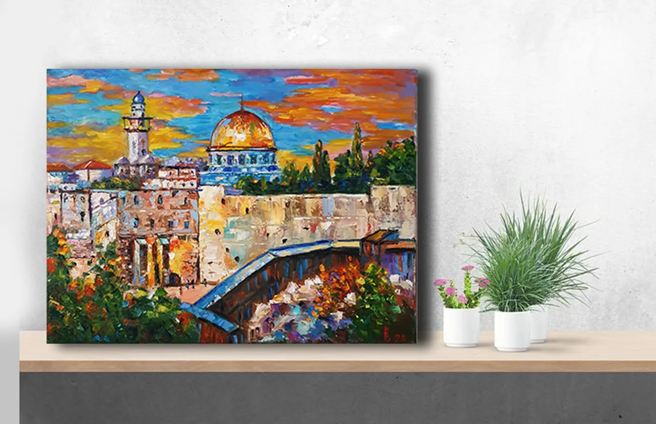 Jerusalem Dome of the Rock oil painting
The Jerusalem Dome of the Rock is a artwork that captures the iconic golden-domed shrine in all its glory.
Expertly crafted with delicate brushstrokes and vibrant colors, this painting is a beautiful depiction of the holy site, known for its historical and religious significance.
Hang this masterpiece in your home or office to bring a touch of cultural richness and spiritual serenity to any space.