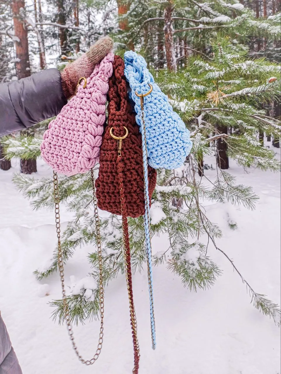 We are unique crocheted handbags....We are not afraid of snow and rain.
