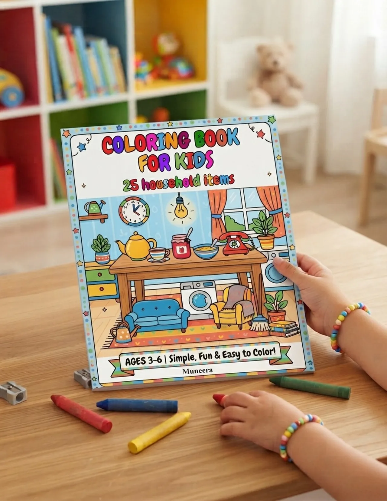 🎨 Coloring Book for Kids – 25 Household Items | Ages 3–6
The secret to happy, quiet playtime?
25 pages of coloring fun waiting inside! From schoolbags, teapots to fruit baskets, this book features bold, outlined designs perfect for little hands.
✅ Outlined images with a reference image for color guidance
✅ Object names included to help build vocabulary
✅ Builds focus & fine motor skills
✅ Perfect for travel, quiet time, or gifts
✅ Instant download — print at home
🌈 Grab your favourite watercolors or crayons and let the coloring begin!