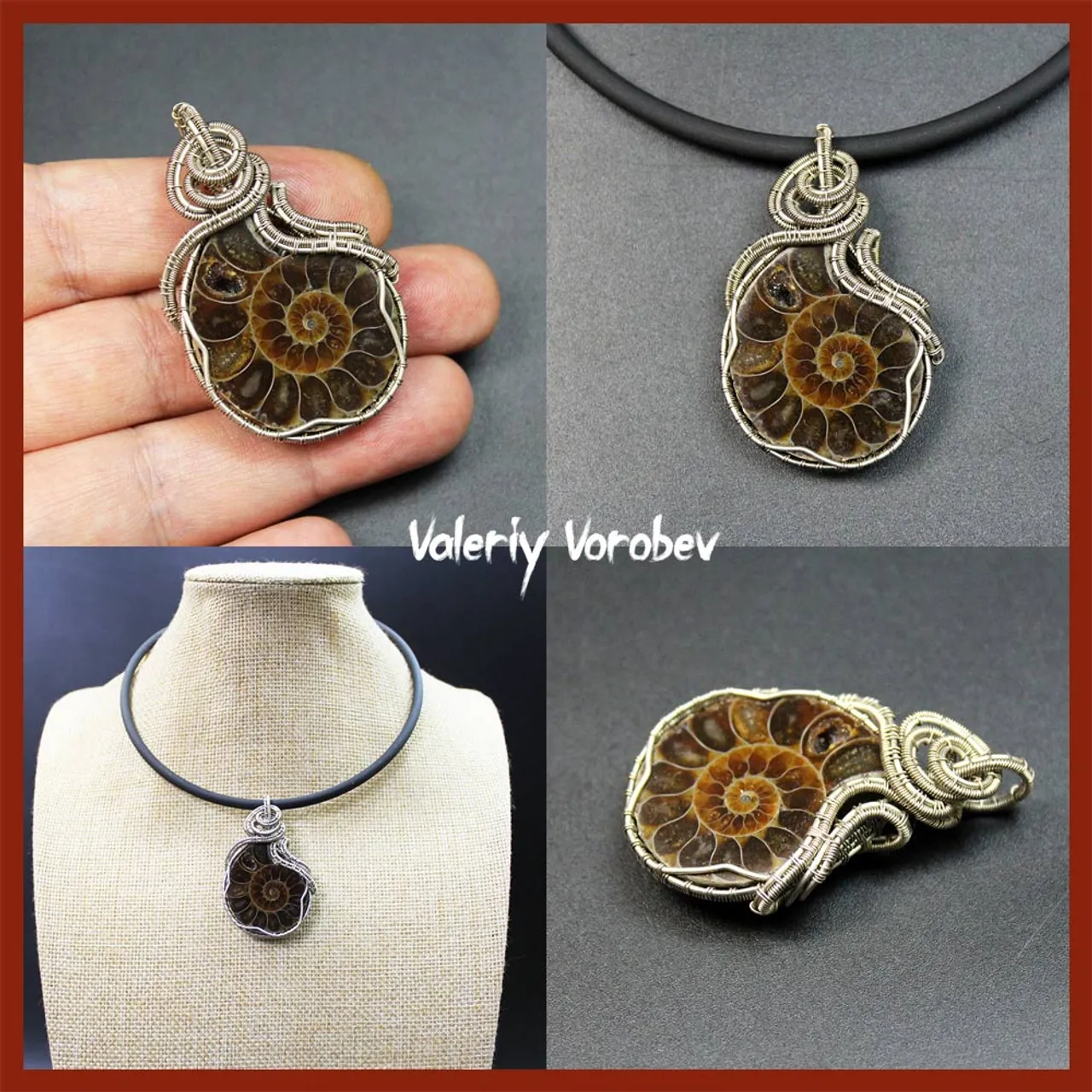 Handmade pendant made of natural ammonite and nesilber wire.