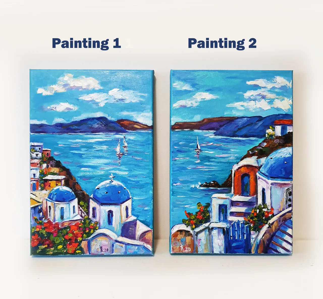 Santorini sailboats at sea oil painting diptych
Size: 12x16 in / 30x40 cm- total area
8x12 in/ 20x30 cm - each artwork