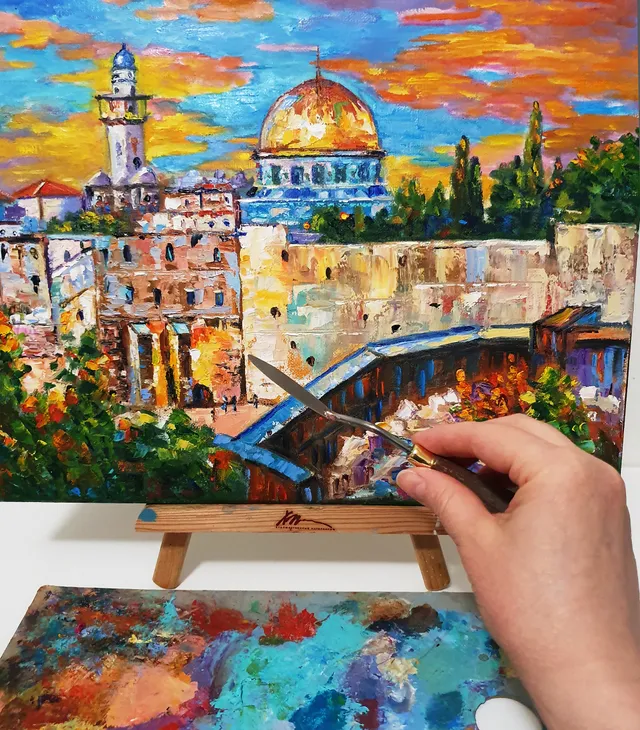 Jerusalem Dome of the Rock oil painting

The Jerusalem Dome of the Rock is a artwork that captures the iconic golden-domed shrine in all its glory.
Expertly crafted with delicate brushstrokes and vibrant colors, this painting is a beautiful depiction of the holy site, known for its historical and religious significance.
Hang this masterpiece in your home or office to bring a touch of cultural richness and spiritual serenity to any space.