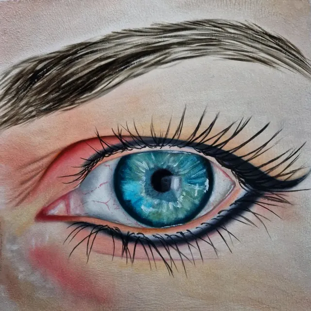 Eye: Bianca Groeneveld 
We've opened our eyes 
Oil on wood 
20x20cm 

Story of Bianca: 

I See You 

1/2 "As a child, I thought I wouldn't make it past 40, a secret thought that I shared only with myself… not so much about the fear of leaving the earth but more the fear of separation. All those years I carried that with me in silence, until it was almost my 40th birthday, and with that, enormous unrest in my body... from that moment on I was given a lot of "signs" as a direction indicator on my path, I can fill a book with it. 

I found out that I was actually born a day earlier, and I “survived” that magic number, which felt like a new beginning to me… in which I “knew” that I had something else to do here, and that I had to rely on it. I had to let go of a large part of my existing life. 

Not much later after I decided to follow my heart, an unexpected meeting followed, where I was allowed to experience through someone else's eyes the unprecedented depth of my own heart and soul, where we understood each other without words... where the energy like a sun from my heart flowed into and through my hands and found a way out. With the words “what you feel and experience you will give to the people around you” I said goodbye and for me, the greatest form of missing became a mission… 

I may experience in my own process that the feeling of being separate is just an illusion I create when I allow fear to set in… The moment I close my eyes and go back to my heart I connect with my soul and I remember the reality that we are connected to each other, to everything and everyone. My eyes, the emptier they are… the more they see.