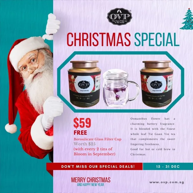 People are crazy on OVP Tea Christmas Special!

With every 2 tins of new tea, Bloom in September, the new Osmanthus Green Oolong tea purchase, you will get a borosilicate glass filter cup worth $25 dollars, for absolutely FREE.

Hurry up, offer till 31 Dec or while stock lasts.
Order link >> https://bit.ly/3GKSLoe <<