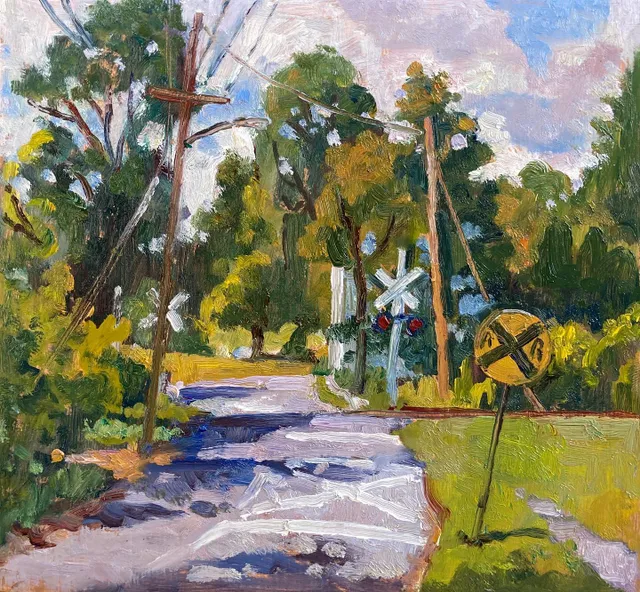 Railroad crossing, look out for the cars, can you say that without any Rs? 8x8 oil on wood, sold #railroadcrossings #berkshireslandscapespaintings #paintingsoftheberkshires #pleinairlandscapes #americanlandscapepainting