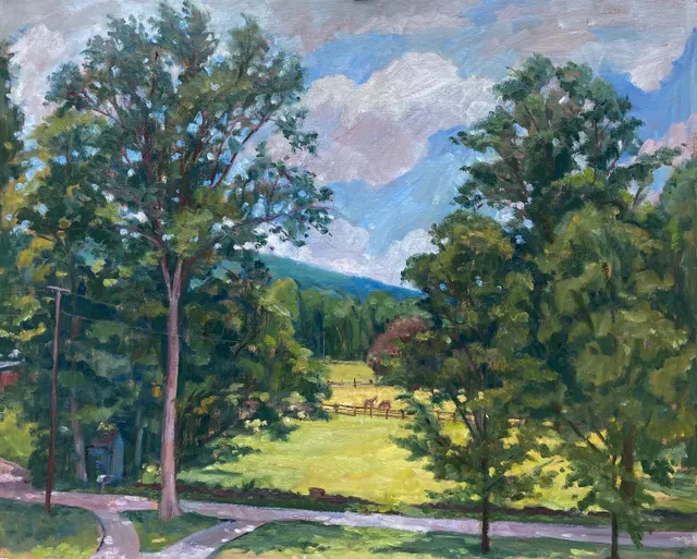 Sometimes I get to paint a commission. This one is from a porch in the Berkshires. This art lover has a gorgeous view, with a lot of memories and family history attached, and she asked me to paint it. Lucky me. I hope she likes it, I certainly enjoyed myself. 24x32 oil on linen #paintingsoftheberkshires #weststockbridgema #berkshireslandscapespaintings #berkshiresfineart #landscapecommission #pleinaircommission
