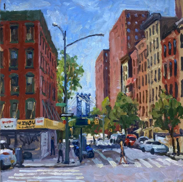Working on a commission today on the Lower East side- Henry and Rutgers. When I stepped back to snap a pic of my setup, I caught these guys sizing up my work. Nice contraposto pose. 12x12 oil on panel, sold #newyorkcityscapepaintings #paintingsofthelowereastside #paintingsofnewyorkcity #paintingsofchinatown
