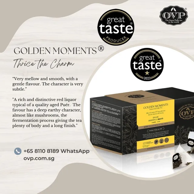 Old Village PuEr Pte Ltd is among the Great Taste winners of 2022!

Golden Moments OVP Shou PuEr has been awarded a 1-star award by the Great Taste for the third time, it is the largest and most trusted food and drink awards on the planet. 

This makes OVP TEA  a Great Taste PRODUCER!

Yes! As we have gotten Great Taste Awards for 3rd consecutive years, we are one of Great Taste Award Producer!

Click here>>https://bit.ly/3AikmNa << to order with free local delivery.
Grab a stainless steel filter with every loose leaves in gift tin purchased.
Hurry up! While stock last.