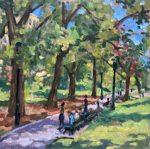 Looking up a path in Central Park this morning. I was drawn in by the sparkling light through the trees. I had a feeling it would be a struggle… 8x8 oil on panel #centralparkpaintings #paintingsofcentralpark #newyorkcityscapepaintings #nycimpressionism #urbanimpressionism #wickstromstudio