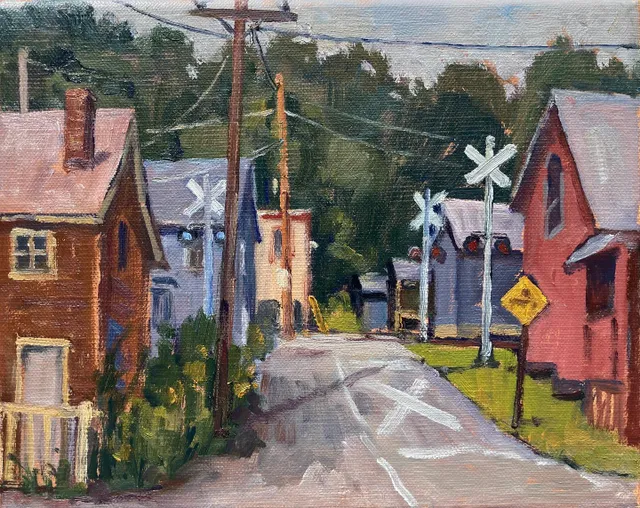An overcast summer morning spent looking at a railroad crossing in #greatbarringtonma . I could probably do something better with my life, but I’m not hurting anybody. 8x10 oil on linen #railroadcrossings #berkshireslandscapespaintings #paintingsoftheberkshires #southcountyberkshires