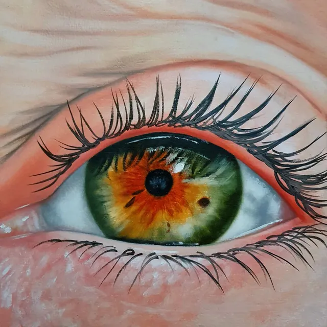 Eye: Petra Huberts
We've opened our eyes 
Oil on wood 
20x20cm 

Story of Petra: 

Fear is a bad counselor….I know all about that. All my life I've had fears. It started as a 3-year-old girl who fell into the claws of a male nanny. I'll spare you the details just like all the other times I was abused, beaten, oppressed, and manipulated up to my 40th birthday. 

It becomes a kind of habit, you also go looking for it because you think it's normal. Anxiety and stress become normal.
You live from day to day. There never was help for me. I had to save and heal myself. 

After many therapies, which were not very effective, I've learned to meditate and read many books about self-development. I kept the hope that one day it would be better for the world and me. 

As a child, I believed in angels and a divine power that exists in all of us. I was not raised religiously but I have always felt that there is 'something'. A presence that kept me going. I saw orbs and colors appear in my room. There were even entities that calmed me down. I “saw” people and have further developed this gift to help people. 

I am clairvoyant and clairsentient.
I have sensed this war that we are now in from childhood. The evil that I have seen, felt, and suffered is everywhere. And I see exactly where it is. I've always known! I now understand what I saw. It's everyday life for the elite trying to keep this away from the general public. At least, tried, because now everything is coming to light. It's bigger than we think, it's incomprehensible! 

Because of the terrible traumas, I have suffered, the dreams, the faith, and the things that are happening now, I know that everything will fall into place. I feel I need to help people. 

I also know that everything will be fine. That we don't have to be afraid. The frequency on Earth has increased at a fast pace and that is a very good sign! People are waking up more and more and they have not counted on that. The elite cannot stand this high frequency. I feel it…..it's done. Thousands of years in the