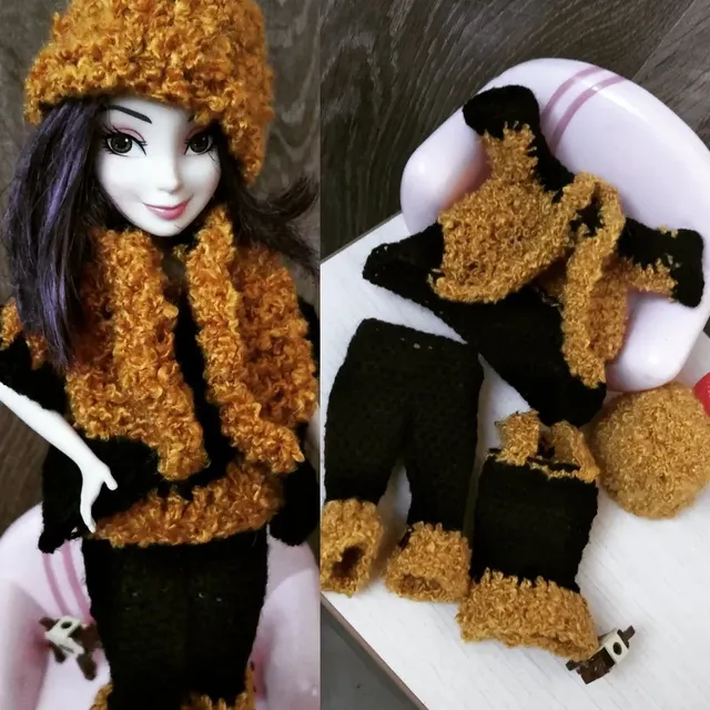 New listing. New look doll. 
Set of clothes 4 pieces. 
Cap. Cardigan. Pants. Top. 
#crochet #knitting #doll #barbie #handmade