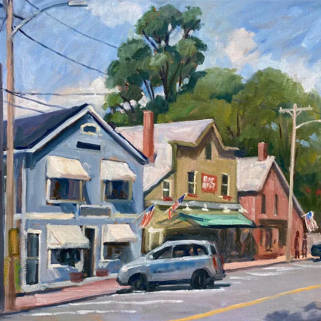 Returned to #WestStockbridge today, trying to capture the effect of bright sunlight on the shops. Trouble is, the sun moves! (I know. the earth spins) Played with this larger canvas for several hours before doing a quick sketch of the storefronts in shadow. As is often the case these days, I prefer the smaller one. #berkshireslandscapespaintings #pleinairlandscapepainter #newenglandlandscapepainting  #paintingsoftheberkshires #paintingsofnewengland #southcountyberkshires