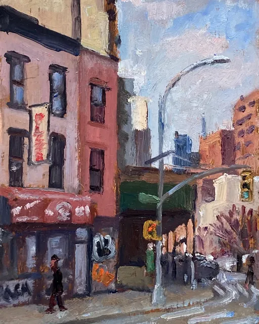 This little cityscape was painted on a cold winter day on the Lower East side. 5x8 oil on panel, available #newyorkcityscapepaintings #newyorkcityscapepainter #paintingsofthelowereastside #paintingsofnyc #smallcityscape #pleinaircityscape
