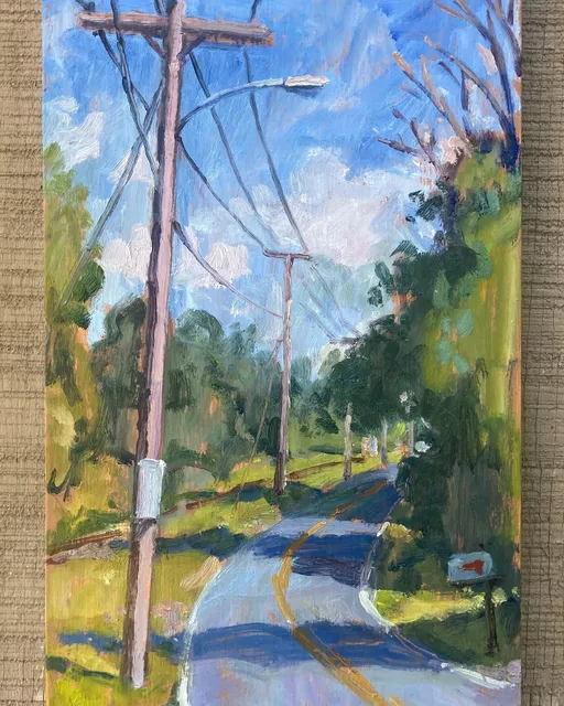 Painted from the roadside across from the Guthrie Center yesterday. While I was painting, I noticed that my easel was making a face, so I made it into a self portrait. And then picked up my daughter from circus camp : ) #berkcirque #guthriecenter #paintingsoftheberkshires #berkshireslandscapespaintings #roadsidepainter