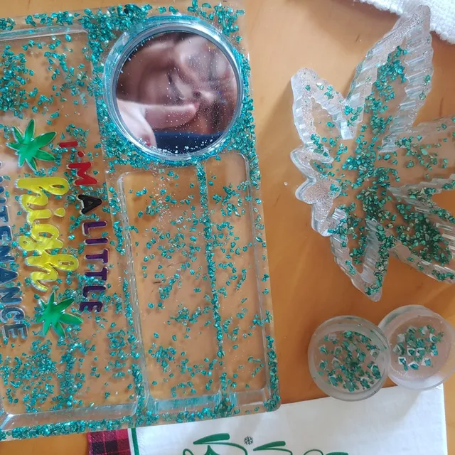 "I'm a little high maintenance" new tray style. Yes, that's a mirror! Aqua-colored, shattered glass, and paint.