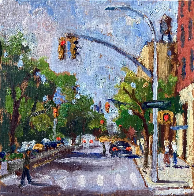 How small is too small? This is teeny tiny. 4x4 inches, oil on panel. From 148th and Broadway in #sugarhillnyc #hamiltonheightsnyc #uppermanhattanpaintings #newyorkcityscapepaintings #newyorkcityscapepainter #smallcityscapes