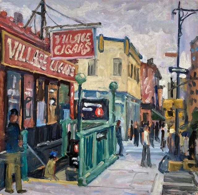 Out there painting old New York, what’s left of it. 7th Avenue South in the Village yesterday with my painting buddy @petesinjin. Flat and overcast light. 10x10 oil on panel, available, DM me or follow the link in bio #villagecigarsnyc #newyorkcityscapepaintings #paintingsofnyc #villagecigars #paintingsofgreenwichvillage #paintingsofnewyork #nyclandmark #newyorklandmarks