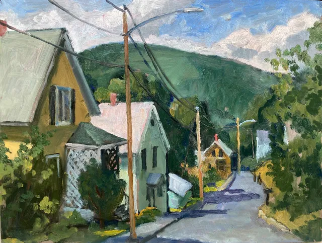 I don’t tire of painting the view down our street. For fun, I tried to set up a time lapse video but it crashed into the road. Our famous new music violinist neighbor stopped to chat, and we talked about his studies with Jascha Heifetz (no kidding), and he said he liked what I was up to which made me happy. Then J and I went to Tanglewood and I fell asleep to Stravinsky’s “Rite of Spring” and that was pleasant. 9x12 oil on panel #berkshiresfineart #oilpaintingcityscape #americanlandscape #allaprimalandscape #contemporarylandscapepainting #americanartist #landscapepaintings