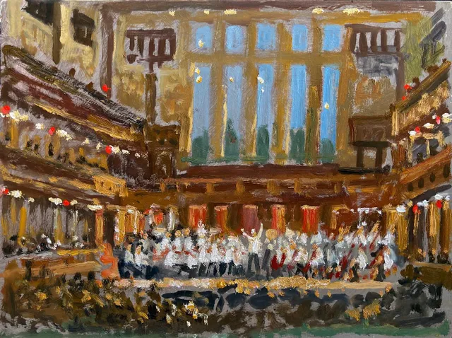 Tried something a little different yesterday, a night sketch of the #tanglewoodmusiccenterorchestra at #ozawahall . painted from our blanket on the lawn until I could no longer make out the colors in the dark. 9x12 oil on panel #paintingsoftanglewood #paintingsoftheberkshires #tanglewoodmusicfestival