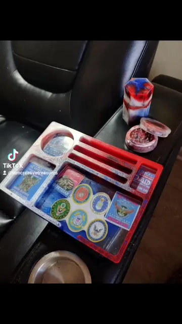 Hot out of the molds are new Veteran proud Rolling Trays red, white , & blue with veteran Dad Stickers. The perfect gift for a loved veteran Dad.