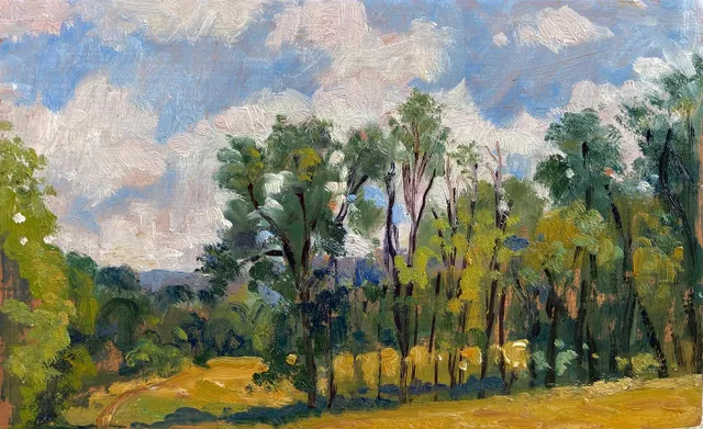 3 little oils from a field in August. The trees are pretty good models, but clouds won’t hold a pose. 6x9 panels #berkshires #berkshireslandscapespaintings #pleinairlandscapepainting #berkshiresfineart #berkshirespleinair #southcountyberkshires #paintingsoftheberkshires