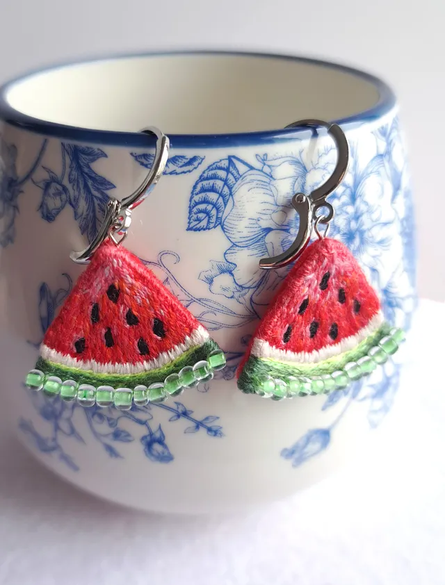 Embroidered Watermelon Slice Handcrafted Earrings