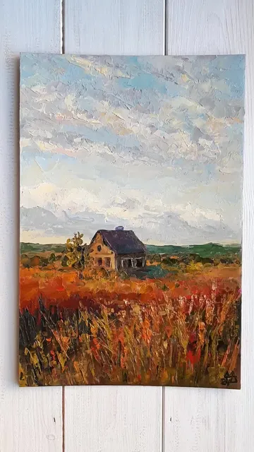 House Sunlit Painting 12x8” Evening Landscape Hand Painted Art
#marinachuchkoart