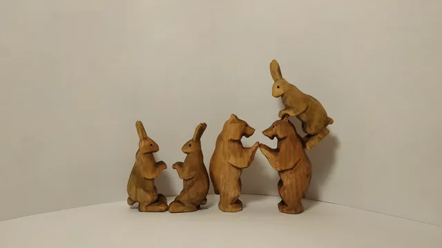 Wooden toys, bear cubs and bunnies.