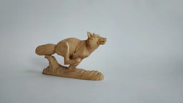 Wood carving, fox sculpture.