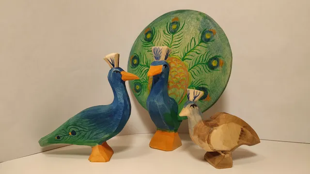 Wooden toy, peacocks family.