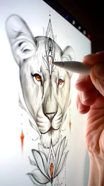 Lioness tattoo design with ornamental lotus flower