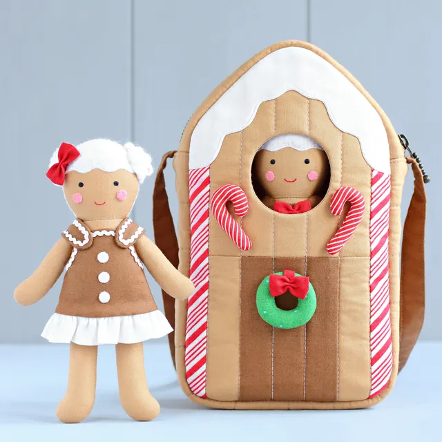You can never have too many gingerbreads! :) Small, but exceedingly cute sewing project — a gingerbread house, which is actually a bag to carry a gingerbread boy or girl rag doll! Lots of fun to make and a great Christmas gift for a kid! Sew it quickly and easily with my sewing pattern!