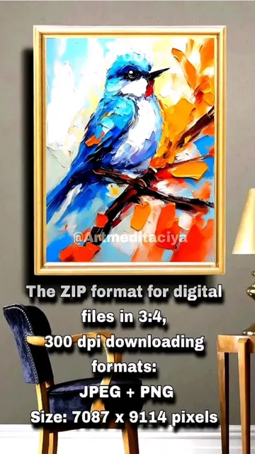 Digital abstract 3d texture painting "Blue Bird". Textured image of a bird in white and blue plumage on a branch on an abstract background of white-yellow-orange - blue strokes in the style of oil painting with a palette knife, impasto. 

Instant download. You can buy digital 3d paintings with instant international payment processing using the link 👇

https://ballwool.com/products/66566