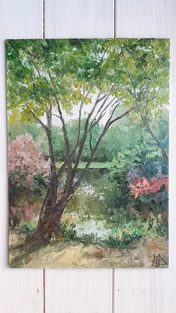 Garden painting 12x8,5” ORIGINAL ART Pond Landscape Hand Painted
#marinachuchkoart