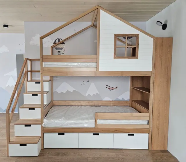 Bunk bed house made of solid beech wood with ladder and chest of drawers