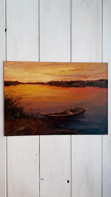 Bright Sunset Lake Painting 8,5x12" ORIGINAL ART Boat Landscape
#marinachuchkoart