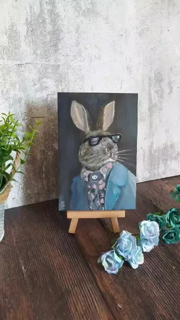 Oil painting "Rabbit with glasses", miniature, about 4*6 inches (10*15 cm)