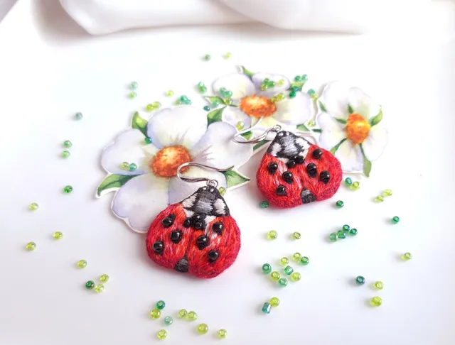 Ladybug Earrings Embroidery Handcrafted Funny Jewelry Artisan Earrings