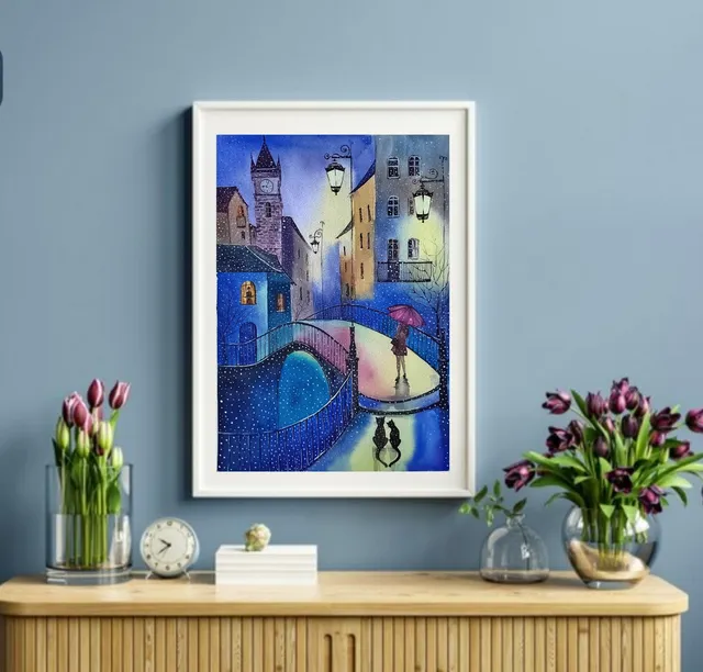 I painted this picture again. 

But the first version of the smaller format I hung in my daughter's children's bedroom. 
On the eve of winter and Christmas, I like to look at it and imagine the life of the inhabitants of a small town passing behind cozy glowing windows...

Art Café