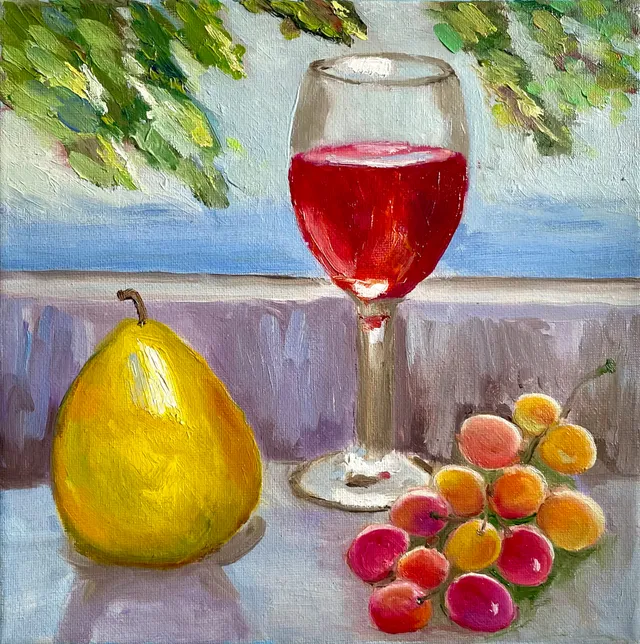My original oil painting with a glass of wine and fruit